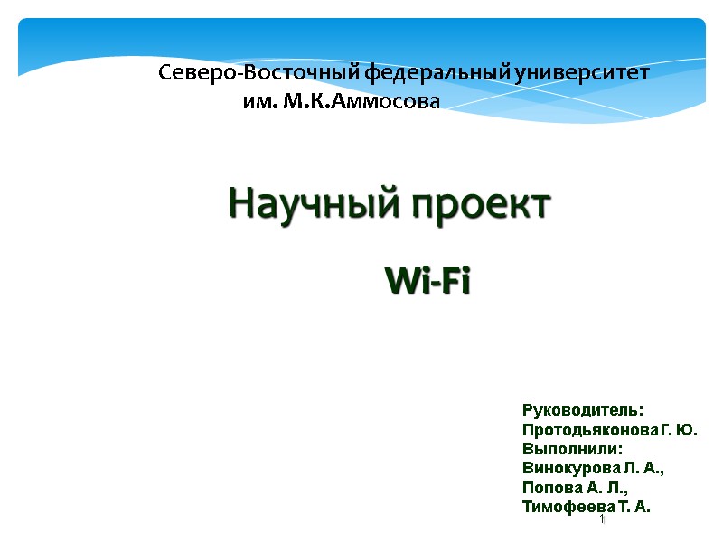 1 Научный проект Wi-Fi Руководитель:  Протодьяконова Г. Ю. Выполнили:  Винокурова Л. А.,